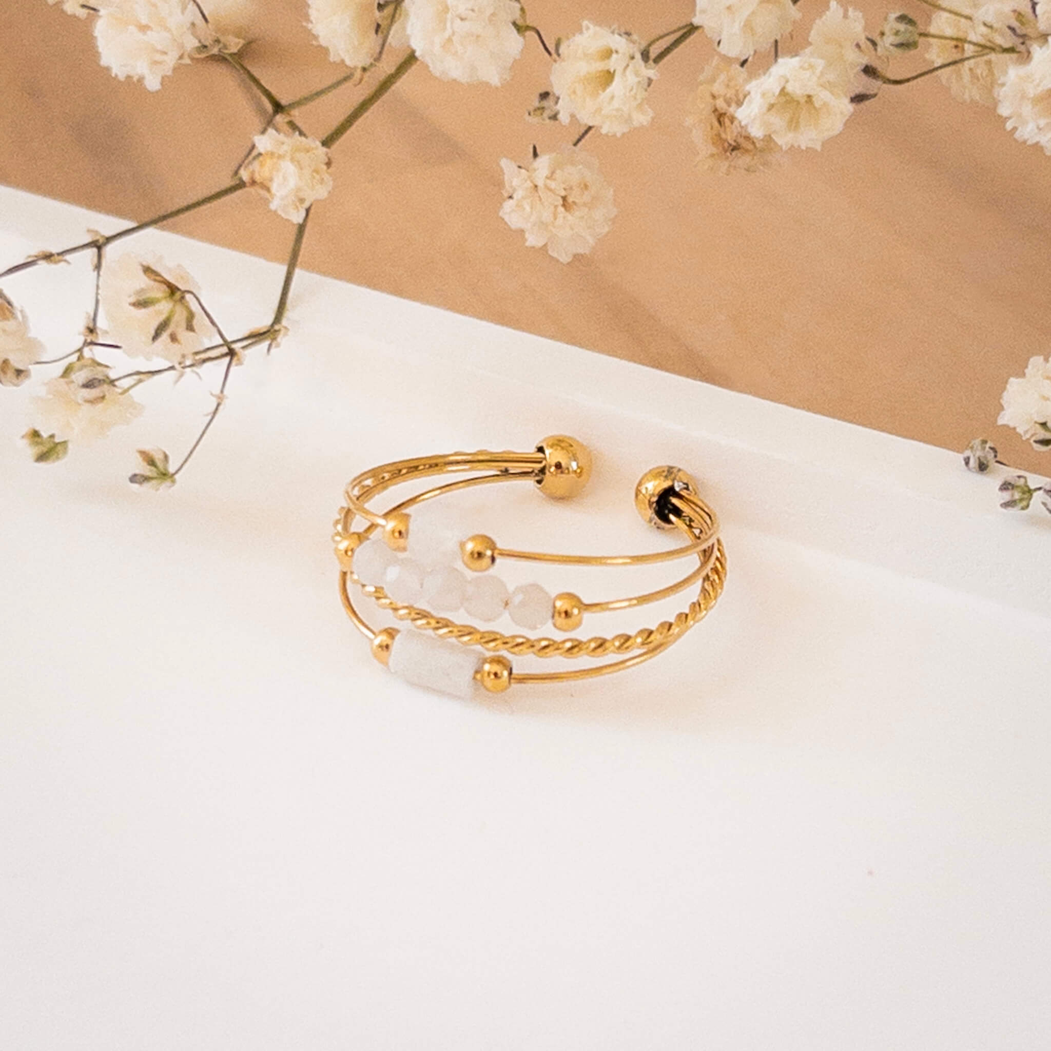 Bague multi-rangs Gina | Acier inoxydable et perles blanches