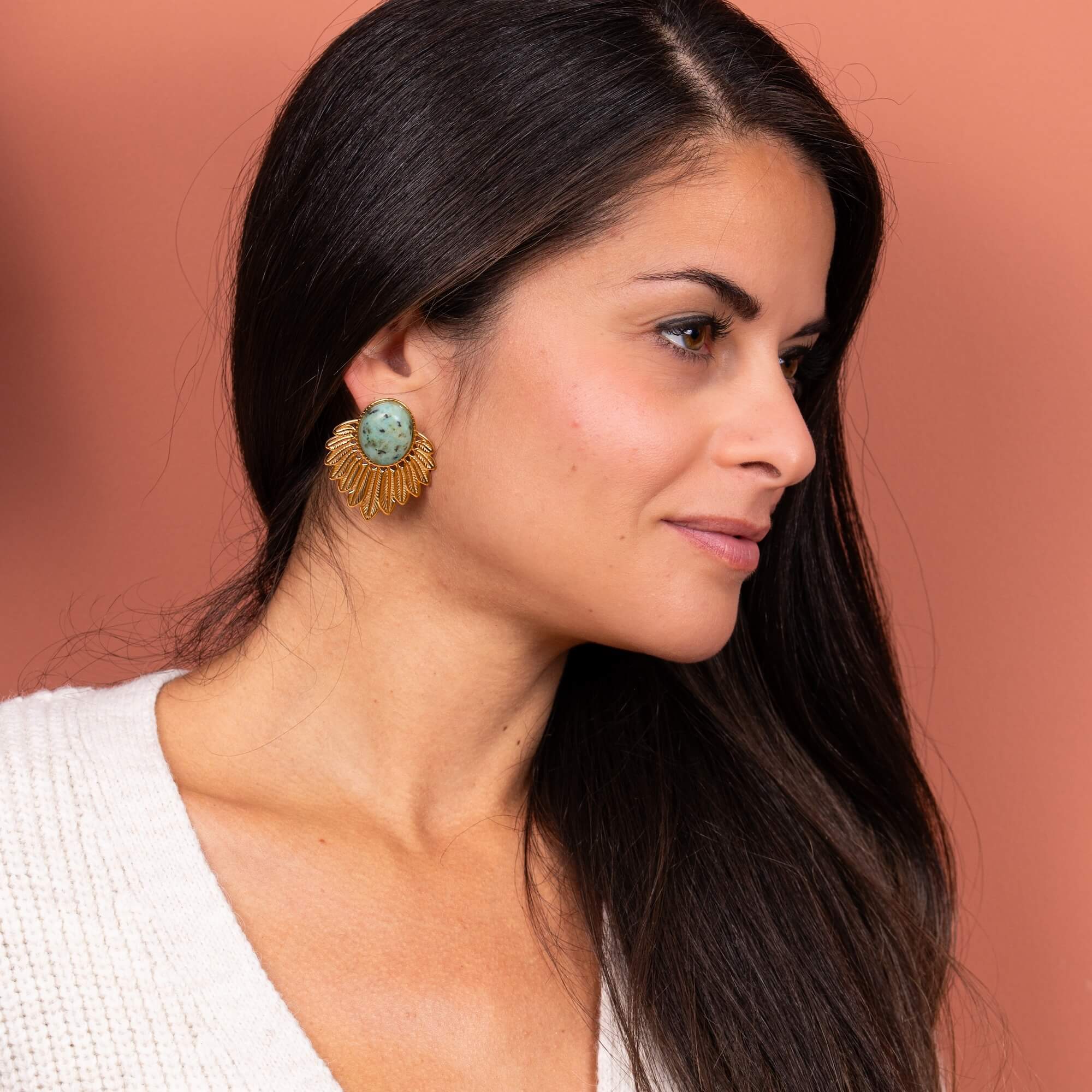 Boucles d'oreilles ethniques cabochon vert Daphné | Acier inoxydable