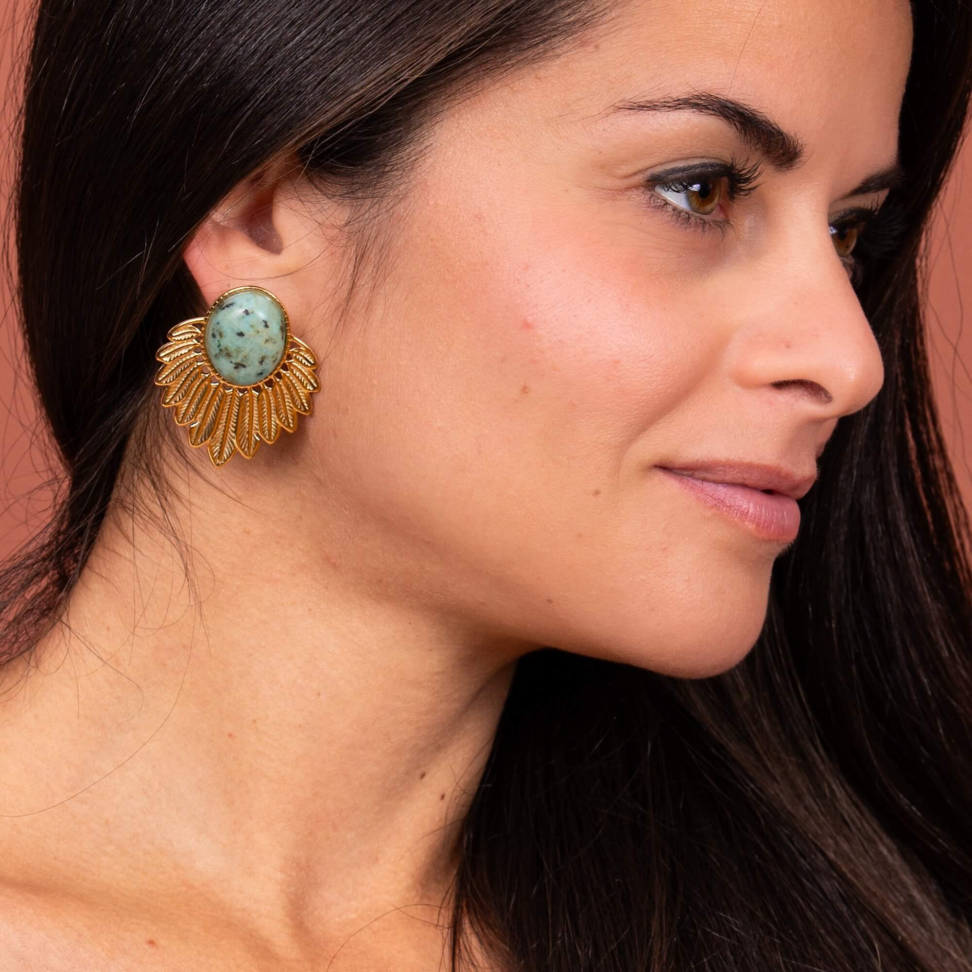 Boucles d'oreilles ethniques cabochon vert Daphné | Acier inoxydable