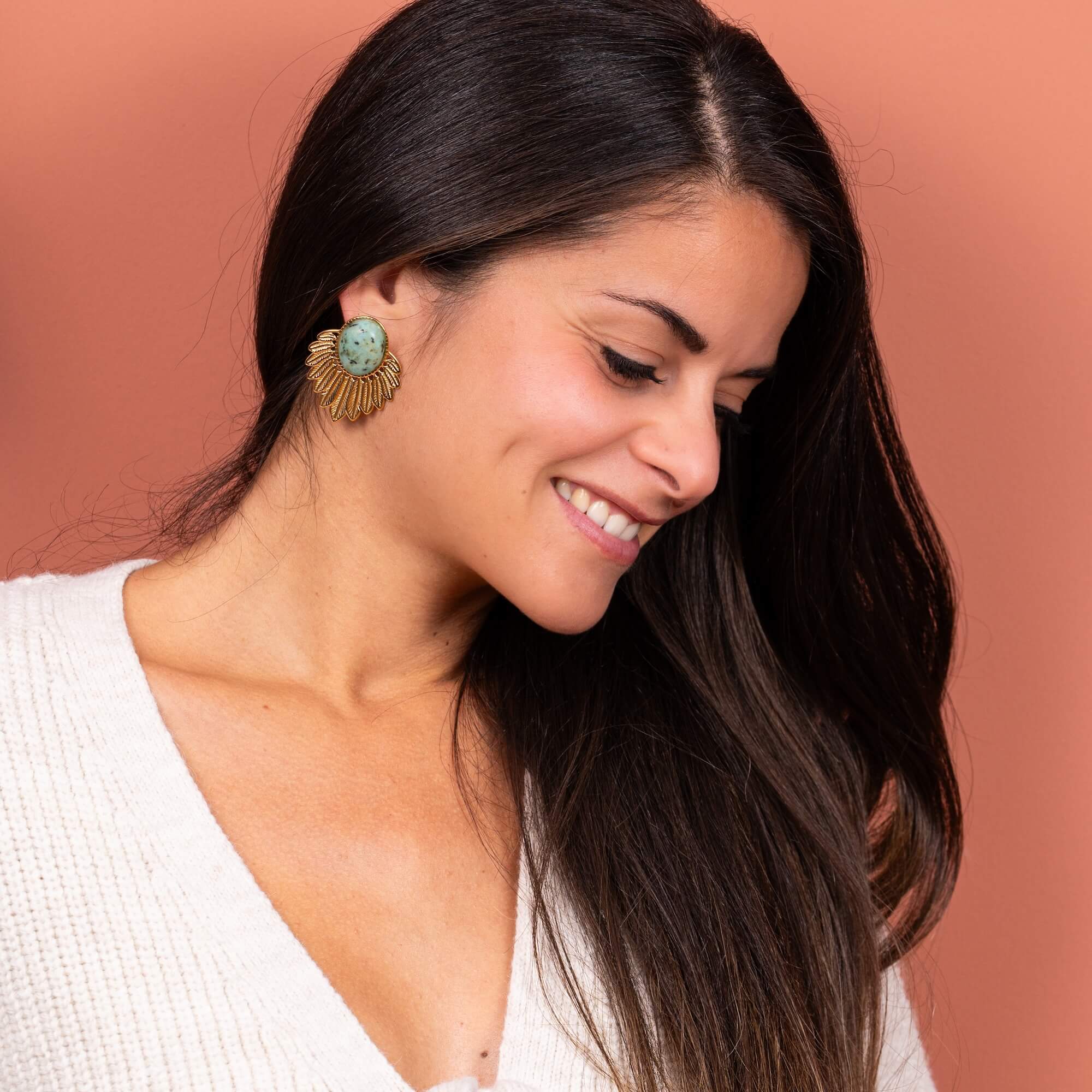 Boucles d'oreilles ethniques cabochon vert Daphné | Acier inoxydable
