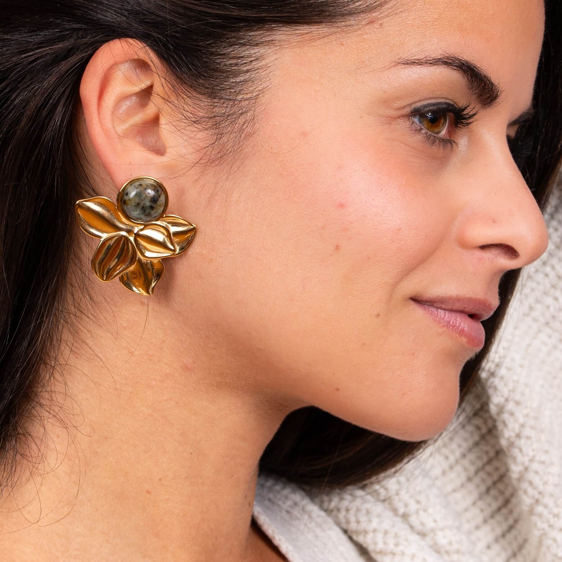Boucles d'oreilles fleur et cabochon tacheté Rachel | Acier inoxydable