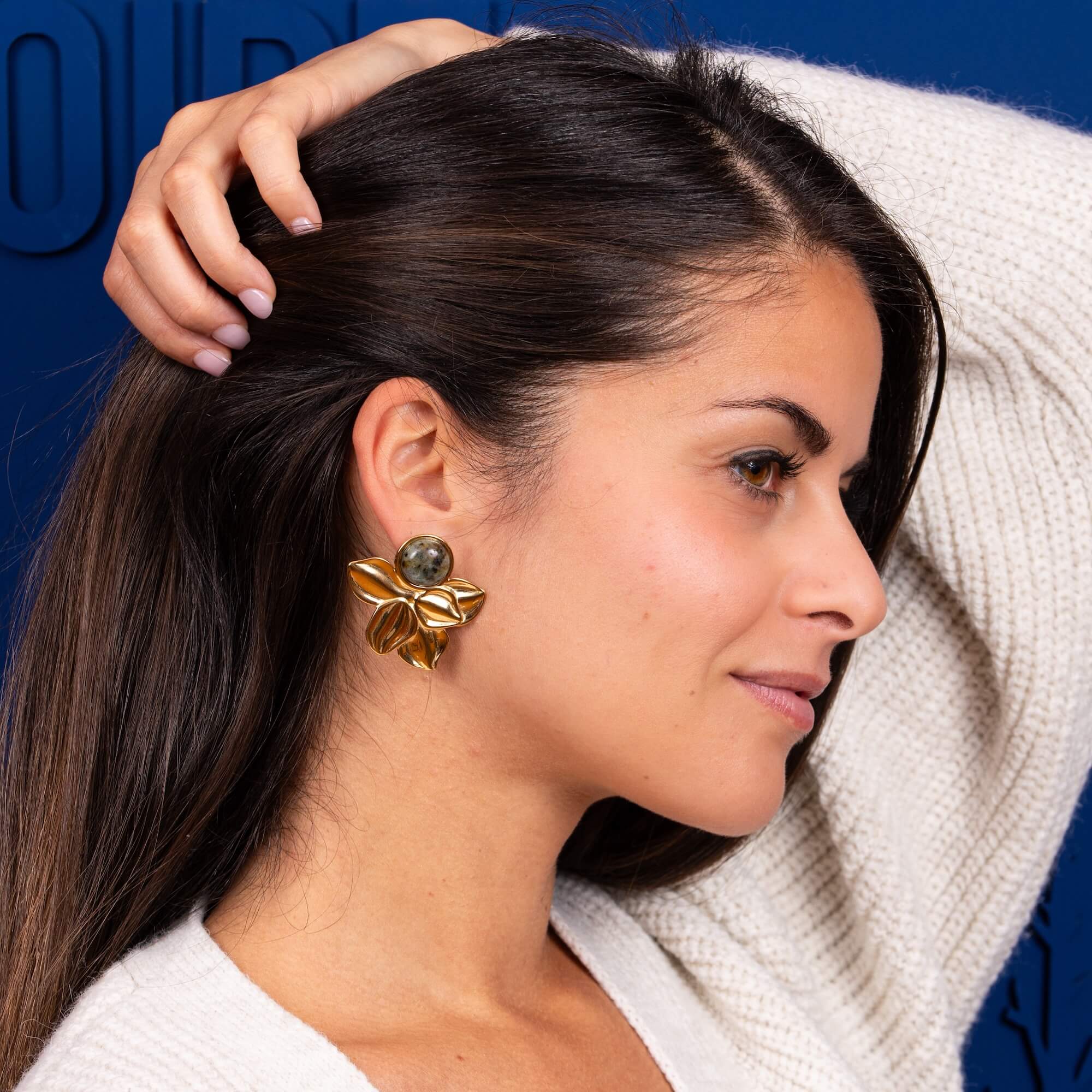 Boucles d'oreilles fleur et cabochon tacheté Rachel | Acier inoxydable