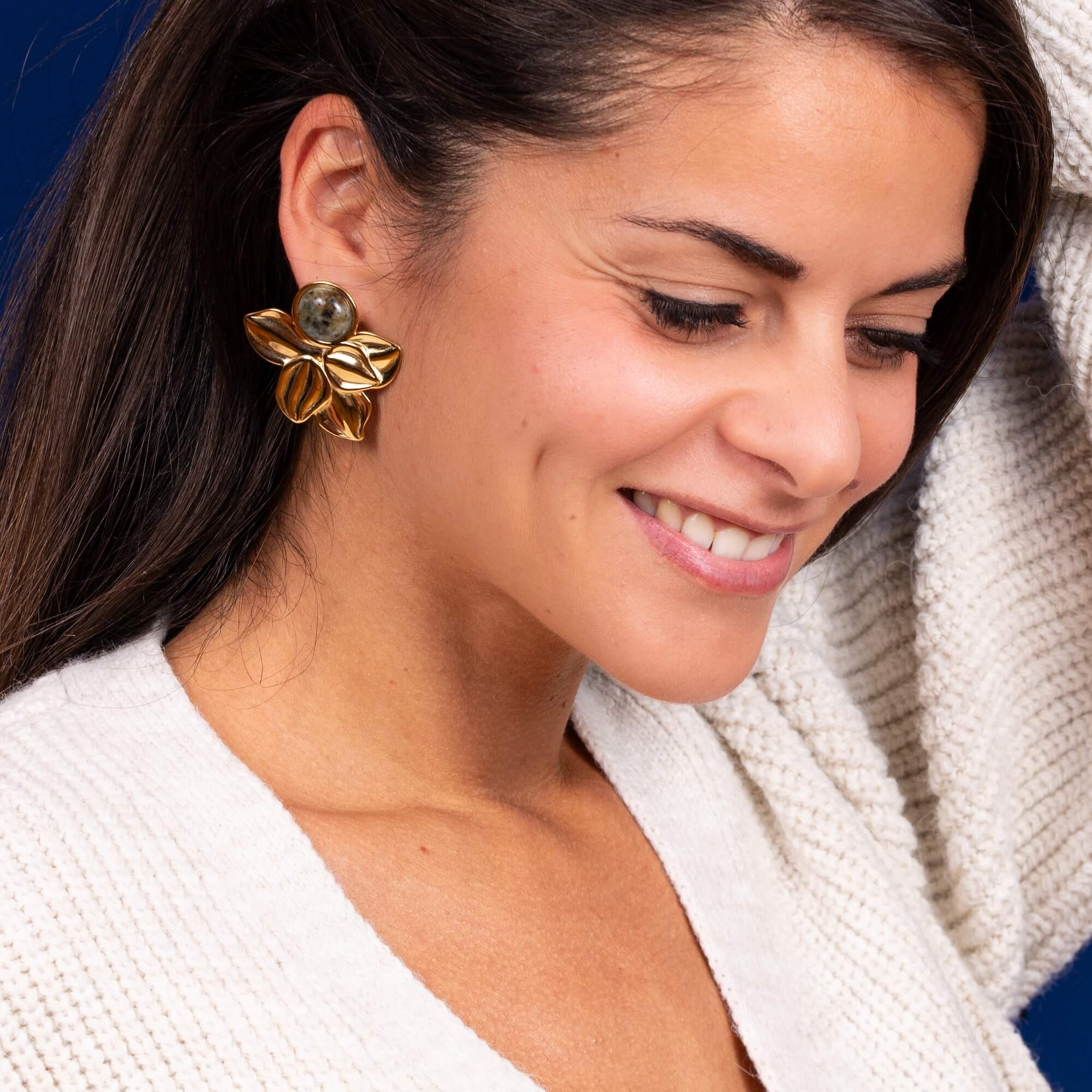 Boucles d'oreilles fleur et cabochon tacheté Rachel | Acier inoxydable