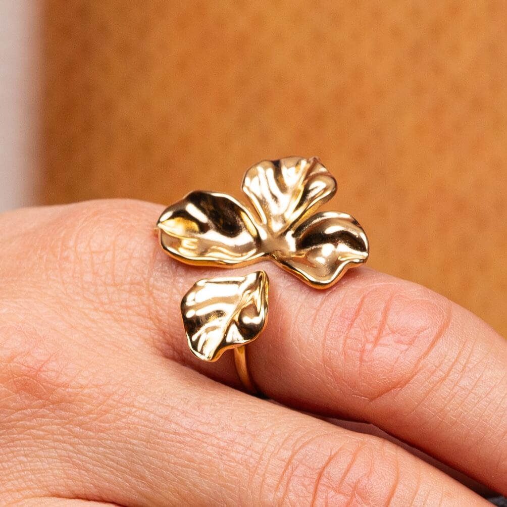 Bague réglable Lise au motif feuillage | Acier inoxydable