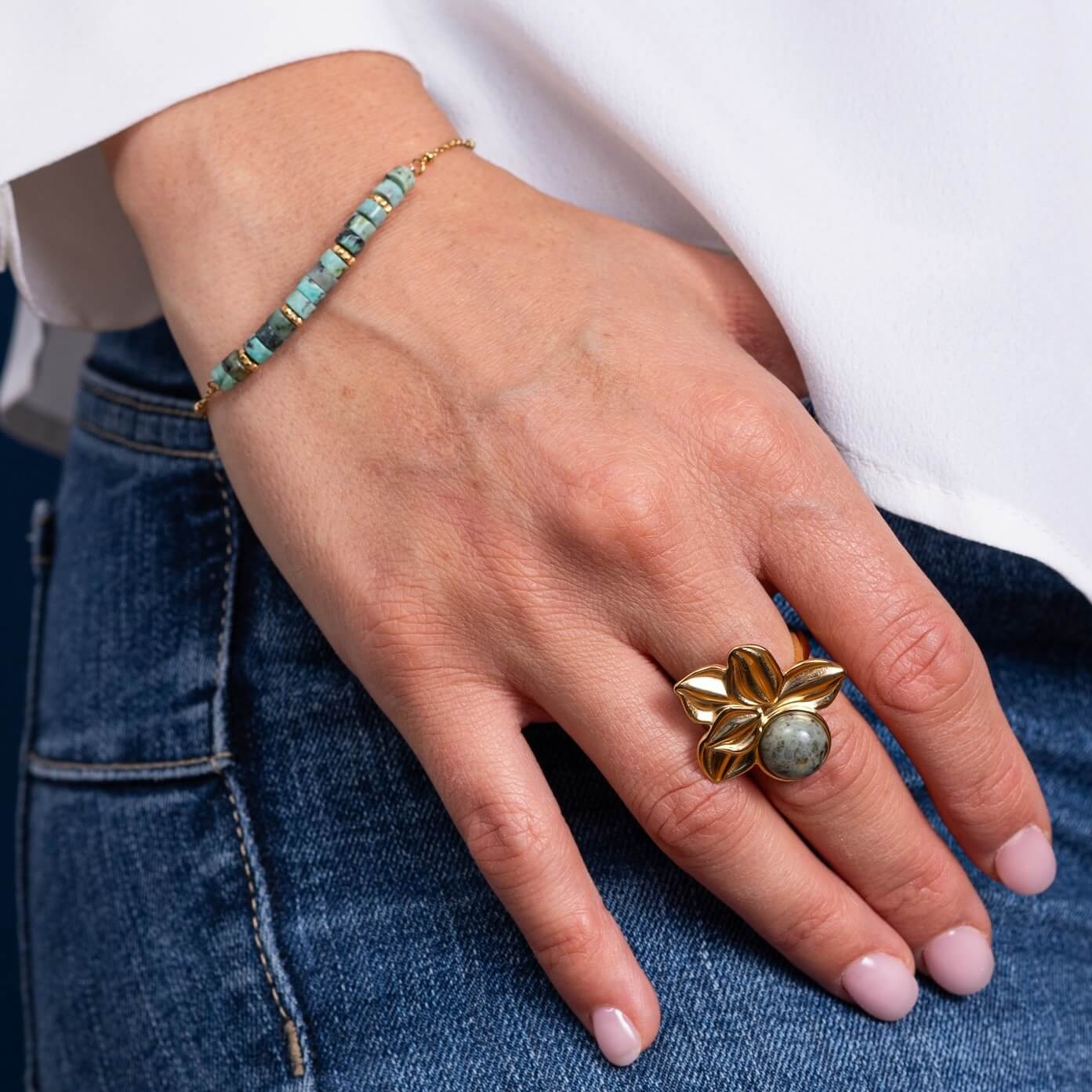 Bague fleur Rachel | Acier inoxydable et résine verte marbré