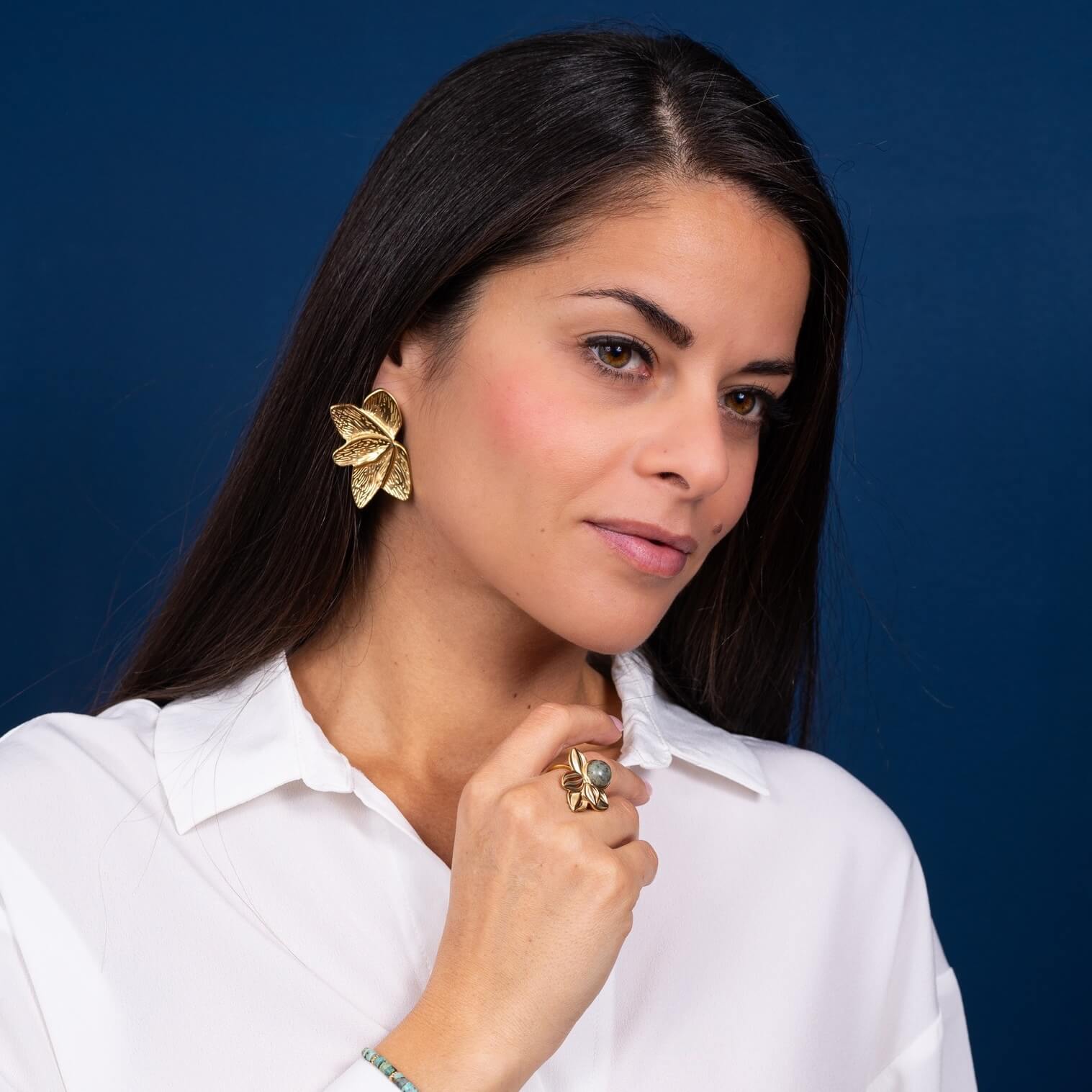 Bague fleur Rachel | Acier inoxydable et résine verte marbré
