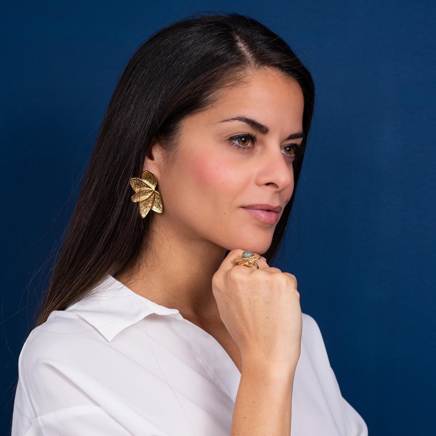 Bague fleur Rachel | Acier inoxydable et résine verte marbré