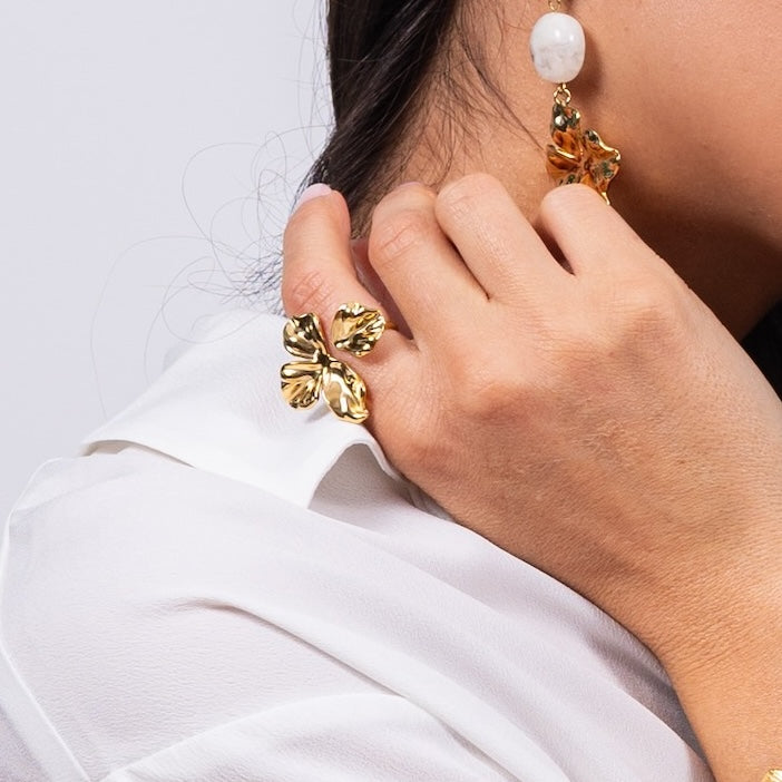 Bague réglable Lise au motif feuillage | Acier inoxydable