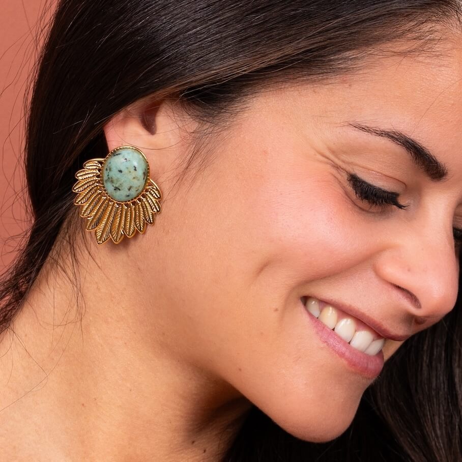 Boucles d'oreilles ethniques cabochon vert Daphné | Acier inoxydable