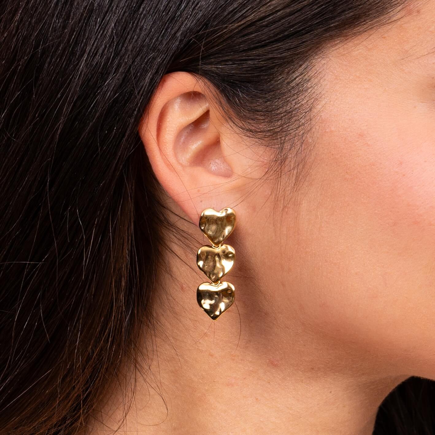 Boucles d'oreilles Valentine 3 coeurs dorés | Acier inoxydable